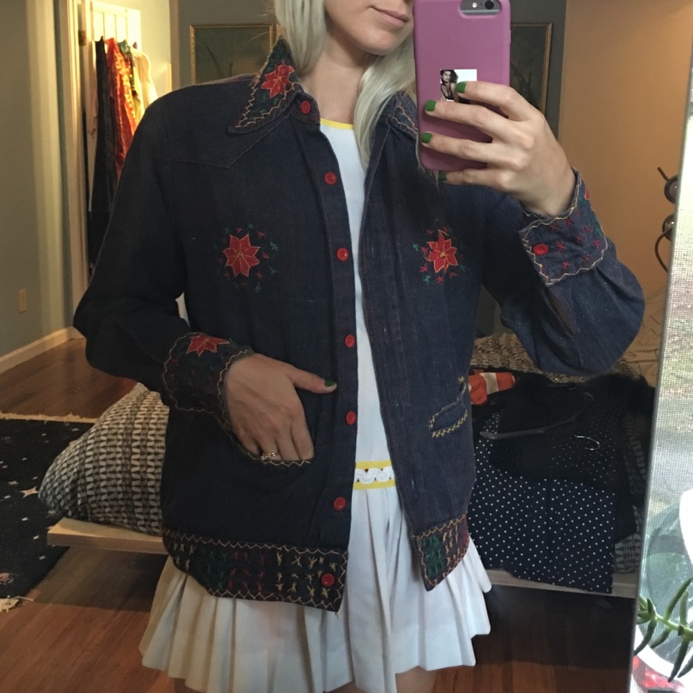 1970s Lightweight Denim Embroidered Shirt Jacket